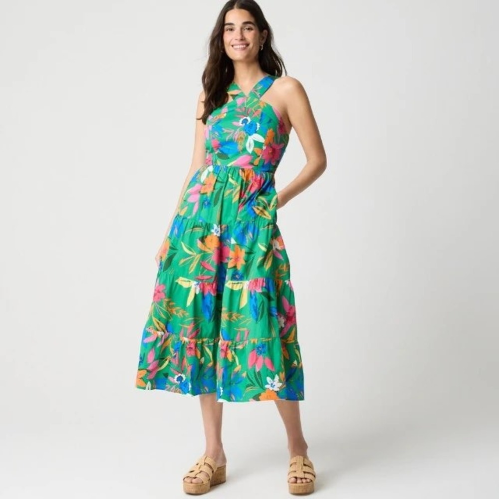 J.Crew Factory Floral Cross Front Tiered Midi Dress Green Pink CK716 P6 NWT